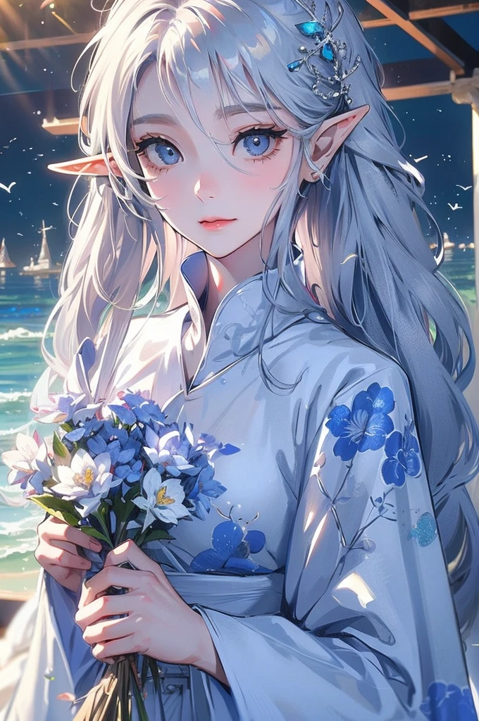 ((Highest quality)), ((masterpiece)), (detailed), One girl, The background is the sea、The weather was sunny.、Silver hair straight long hair、Parallel thin eyebrows、Double droopy eyes、Thin lips、Small nose、Blue Eyes、Long eyelashes、Delicate appearance、Illustration seen from the front、The facial expression is a closed-mouth smile.、A white dress with little exposure、Elf、Russian descent、