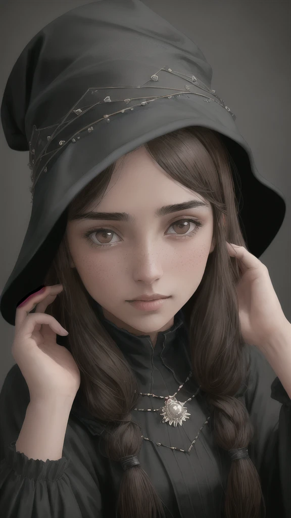 chupipaleta photorealistic, (with glass black), Brown hair, 35 years old, little acne, wear black witch hat, indian girls