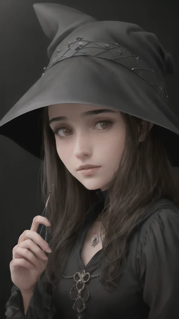 chupipaleta photorealistic, (with glass black), Brown hair, 35 years old, little acne, wear black witch hat, indian girls