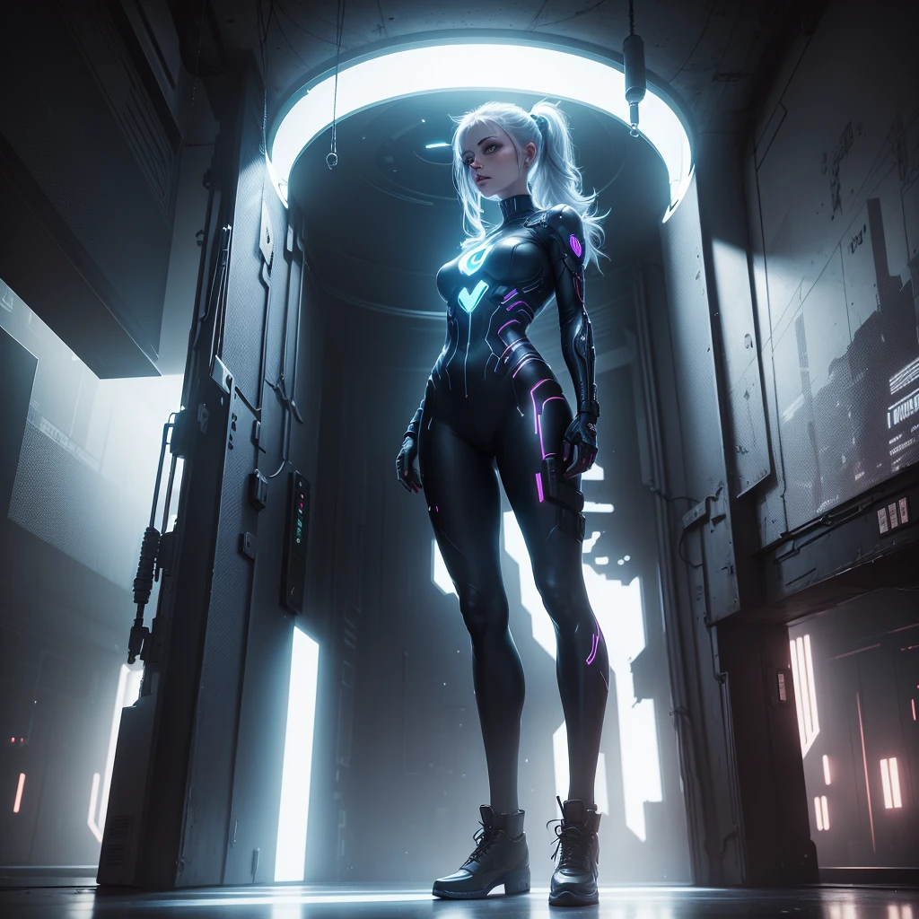 arafed image of a woman standing in a dark room with a bright light coming through her, devoted, overdetalized, intrincated, muted cyberpunk style, inspired by Dan Luvisi, lewd, inverted, skilled, twisted dark lucid dream, psychokinetic girl, intertwined full body view, destroyed, devilish, detailed image, unreleased