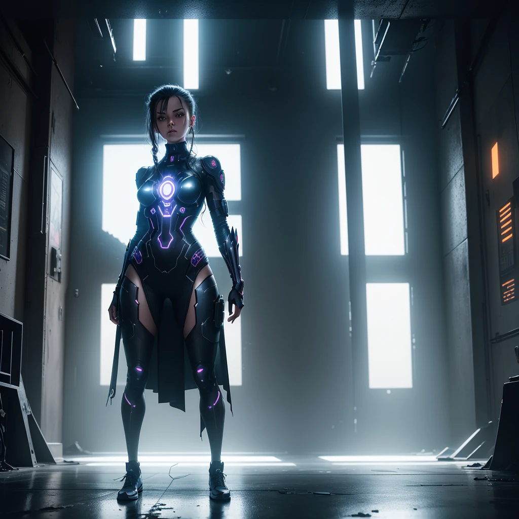 arafed image of a woman standing in a dark room with a bright light coming through her, devoted, overdetalized, intrincated, muted cyberpunk style, inspired by Dan Luvisi, lewd, inverted, skilled, twisted dark lucid dream, psychokinetic girl, intertwined full body view, destroyed, devilish, detailed image, unreleased