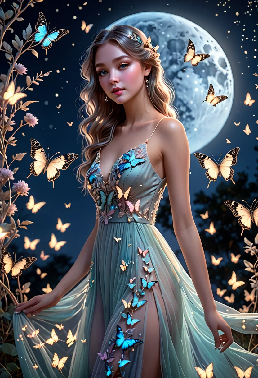 a beautiful girl, butterflies around her, night time, moonlight, intricate butterfly details, delicate dress, elegant pose, serene expression, cinematic lighting, ethereal atmosphere, soft pastel colors, ambient moon glow, photorealistic, highly detailed, masterpiece, 8k