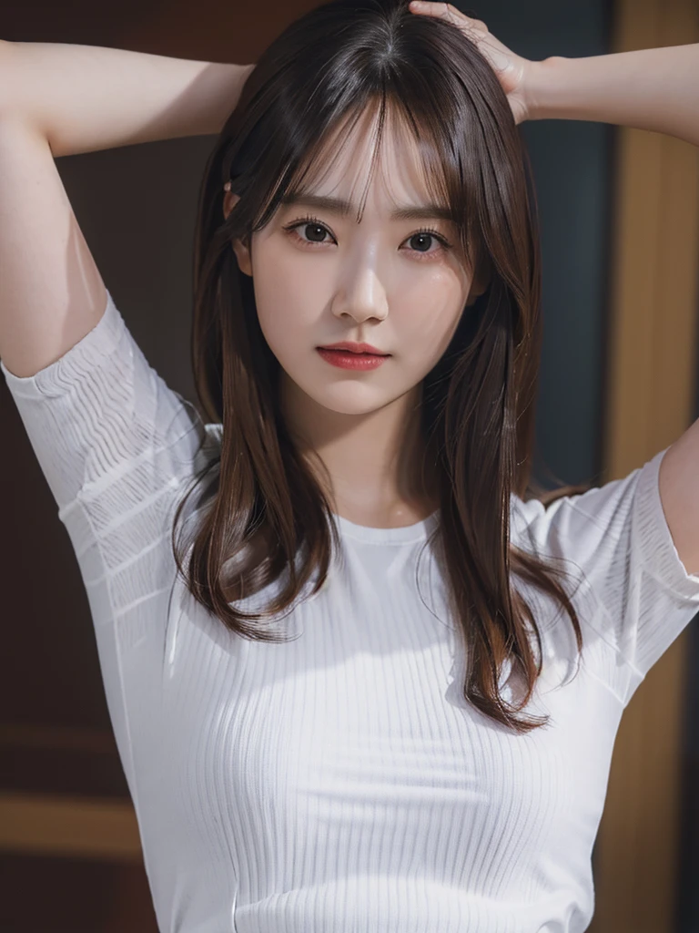 (best quality:1.4), (ultra highres:1.2), (photorealistic:1.4), (16k, RAW photo:1.2),(portrait shot:1.3), bmangpor, 1girl, solo, long hair, brown hair, upper body, white smooth armpits, arm up, knit shirt, big breast,
