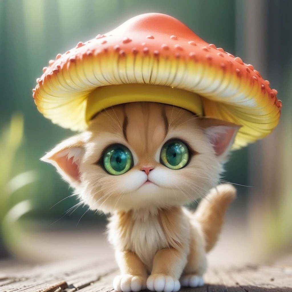 The tricolor cat wears a hat in the shape of a "matcha green poisonous mushroom" on its head。
Its body is like a poisonous mushroom,body becomes round,The feet also become round and short,But without losing the cat’s hair and mobility。
Eyes become round and big,One green eye,The other eye is sapphire blue。
The tail is a cat's tail,The head of the tail is like the head of a poisonous mushroom