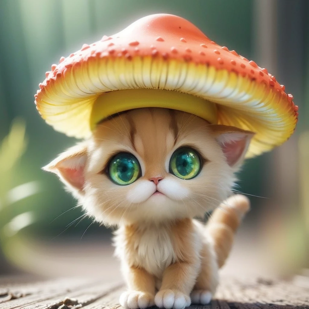 The tricolor cat wears a hat in the shape of a "matcha green poisonous mushroom" on its head。
Its body is like a poisonous mushroom,body becomes round,The feet also become round and short,But without losing the cat’s hair and mobility。
Eyes become round and big,One green eye,The other eye is sapphire blue。
The tail is a cat's tail,The head of the tail is like the head of a poisonous mushroom
