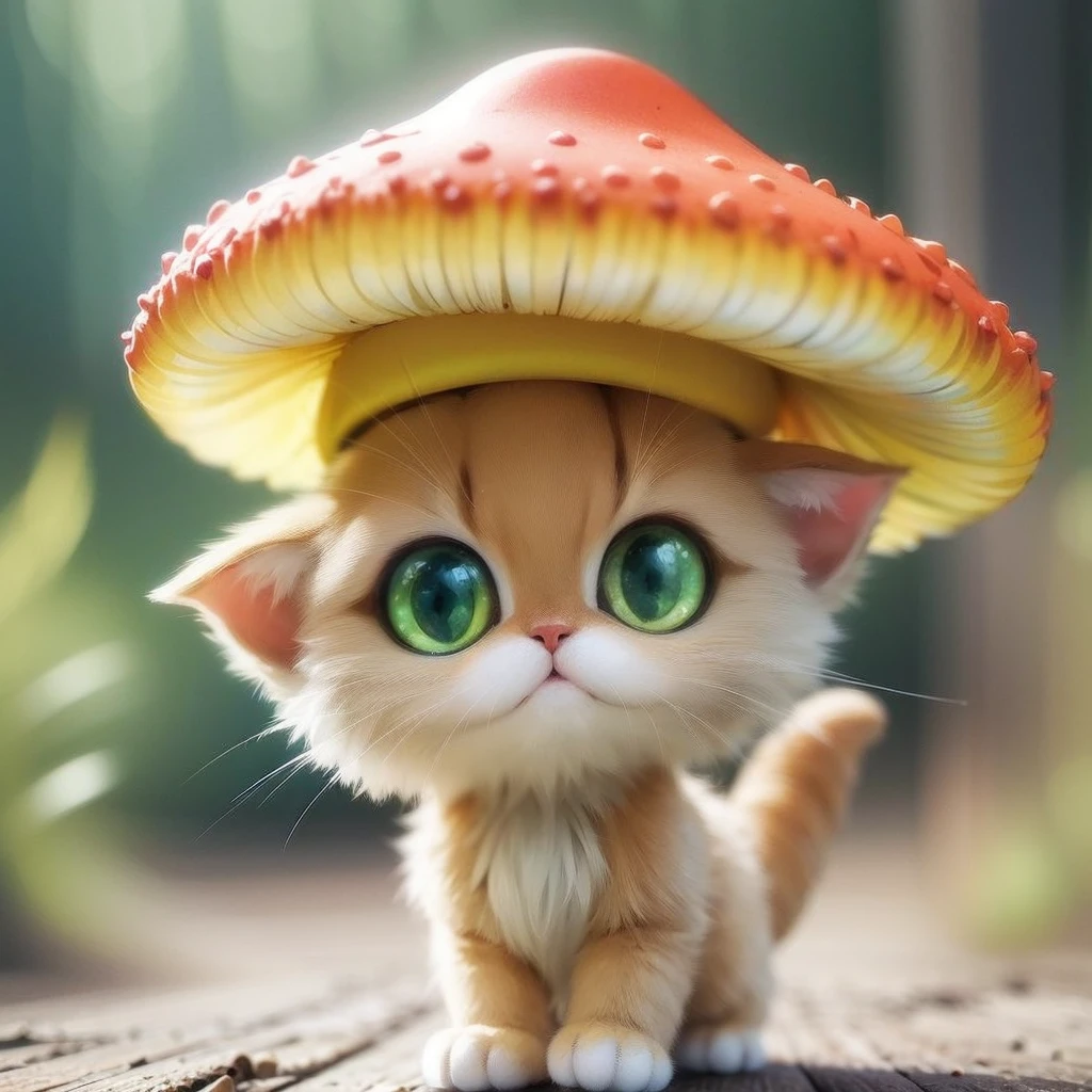 The tricolor cat wears a hat in the shape of a "matcha green poisonous mushroom" on its head。
Its body is like a poisonous mushroom,body becomes round,The feet also become round and short,But without losing the cat’s hair and mobility。
Eyes become round and big,One green eye,The other eye is sapphire blue。
The tail is a cat's tail,The head of the tail is like the head of a poisonous mushroom