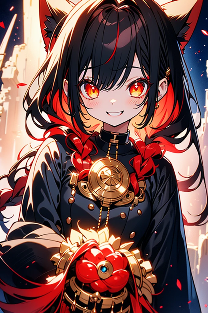 2female\(kawaii,small ???,smile,hair floating,hair color dark red,long braid hair,eye color dark red,big eyes,white fur,red dress,breast,[cat ear]) AND 2female\(small,cat,white fur,kitten\), BREAK ,background\(outside,beautiful garden,flower,duppled sunlight\), BREAK ,quality\(8k,wallpaper of extremely detailed CG unit, ​masterpiece,hight resolution,top-quality,top-quality real texture skin,hyper realisitic,increase the resolution,RAW photos,best qualtiy,highly detailed,the wallpaper,cinematic lighting,ray trace,golden ratio\)