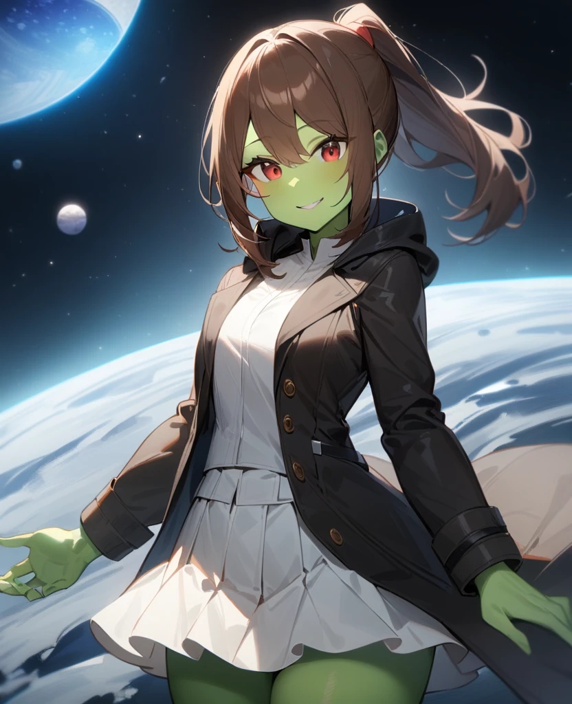 1girl,solo,red eyes,((brown hair:1.5)),ponytail,((light green skin)), old tattered black coat, white skirt, white shirt,cowboy shot,on moon, blue and grey ringed planet in sky,Science fiction,ultra-detailed,sharp focus,aesthetic,(best quality) smiling, giantess