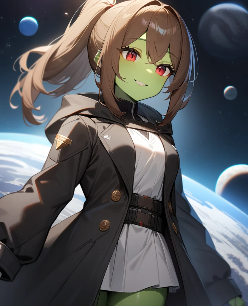 1girl,solo,red eyes,((brown hair:1.5)),ponytail,((light green skin)), old tattered black coat, white skirt, white shirt,cowboy shot,on moon, blue and grey ringed planet in sky,Science fiction,ultra-detailed,sharp focus,aesthetic,(best quality) smiling, giantess