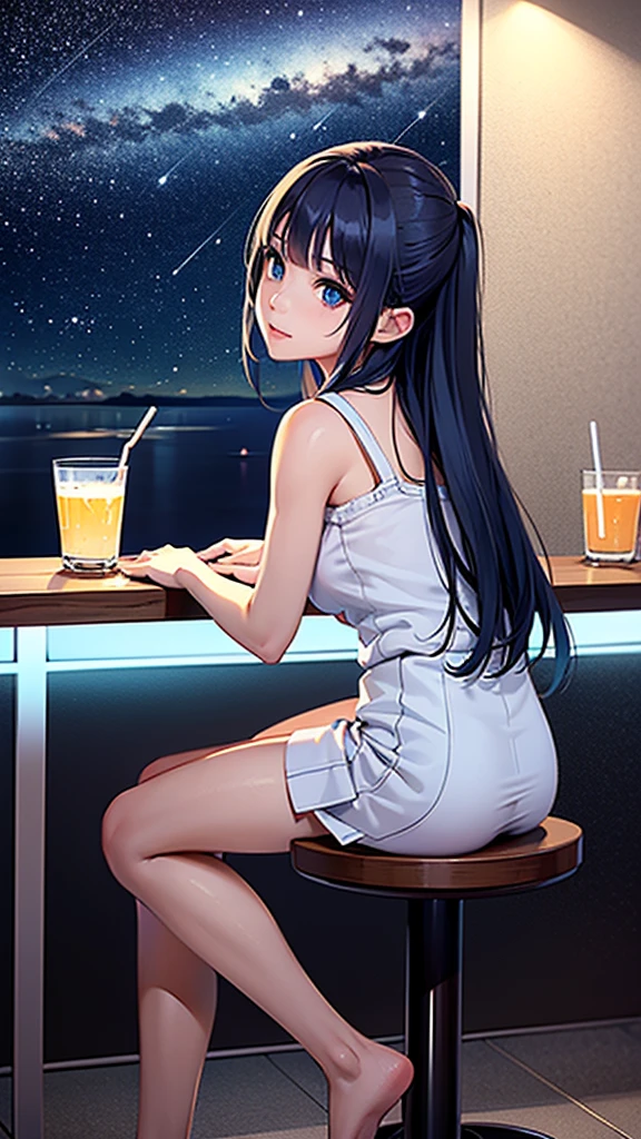 Bar in the sky, 1girl, solo, alone, sitting at bar counter, from side, drinking, (ocean:1.3), candles, starry sky, shooting stars, masterpiece, best quality, ultra detailed,bar