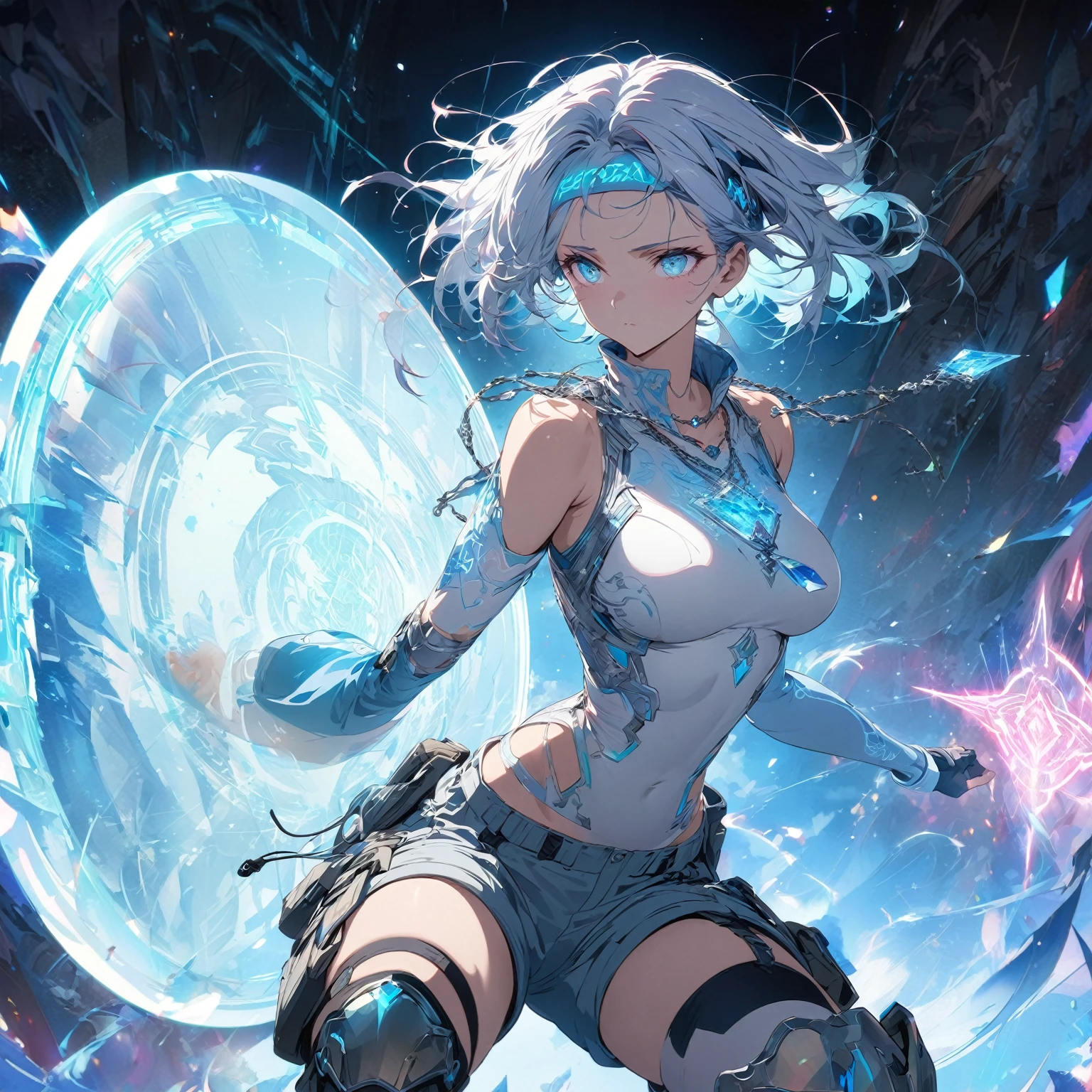 Create an image of a gentle girl with short, silvery-blue hair wearing a fitted, high-collar, long-sleeved shirt with glowing runic patterns, slim-fit cargo pants, fingerless gloves with LED strips, articulated knee guards, and sturdy, glowing-trim combat boots; she has a high-tech headband, (nude:0.8) a silver necklace with a crystal pendant, and a wrist-mounted holographic projector, and she is generating a large, translucent energy shield with intricate, glowing blue patterns, standing in a dynamic yet gentle pose with a dark, dramatic background illuminated by blue light and energy waves, detailed gorgeous face| anime style| key visual| intricate detail| highly detailed| breathtaking| vibrant| panoramic| cinematic| Carne Griffiths| Conrad Roset| gibbli 8