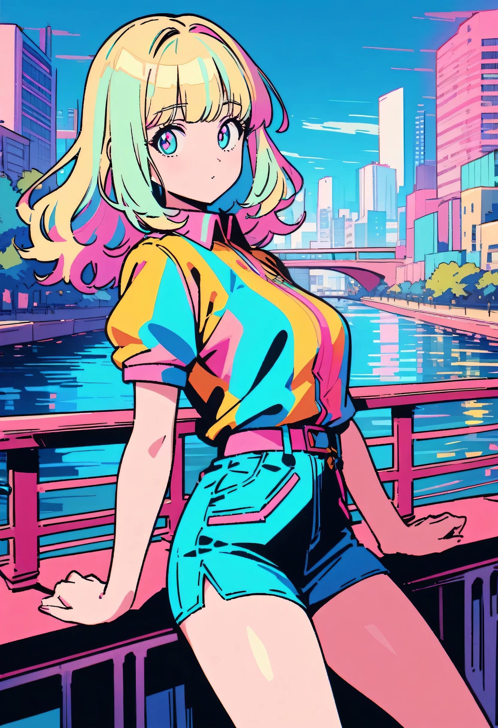 masterpiece, Highest quality, Beautiful attention to detail, Super detailed, In detail, High resolution, Perfect Anatomy, colorful, pastel colour, (One girl:1.5), alone, (City pop illustrations), (City Pop Art), Simple Background, Retro Style, (Vaporwave City Pop), (80's city pop:1.5), (City Pop Anime), (river, bridge), Retro Style, Kyoto Animation, 80's fashion, Cowboy Shot,