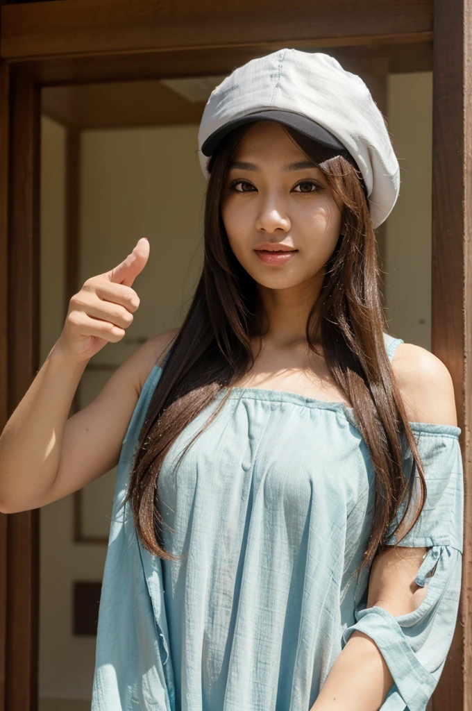 Woman with shoulder length hair, memakai baju koki, memakai topi koki, thumbs up, tongue sticking out or sticking out