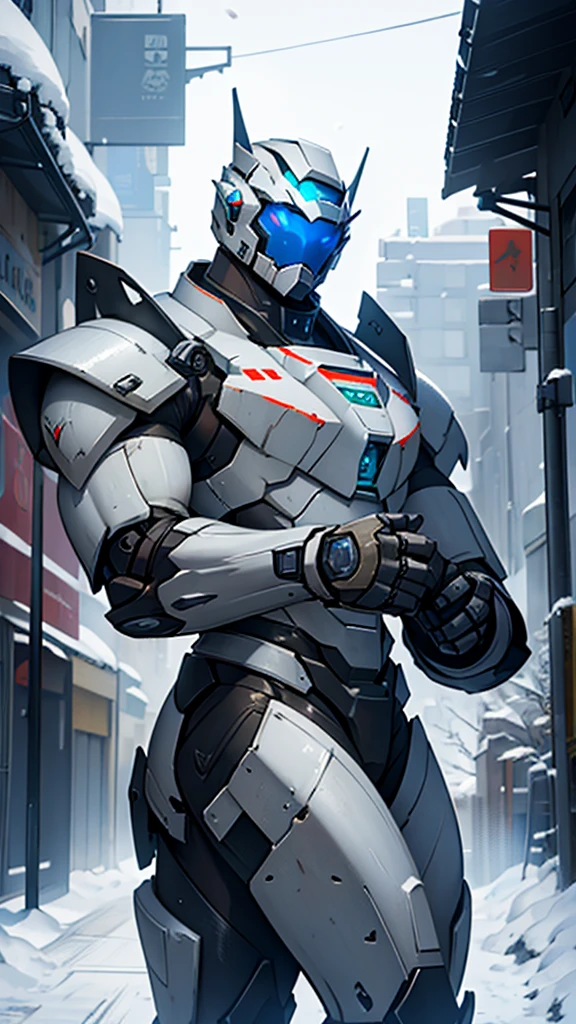 (((masterpiece))),16K,best quality,, 1 Boy, armor,  clasped hands, ,Male focus, , power armor, alone, Permanent,Snow falling all around，Doomsday，Gray mecha，urban ruins，Reinforced armor，Wearing a large mecha suit，Body weight of benzene