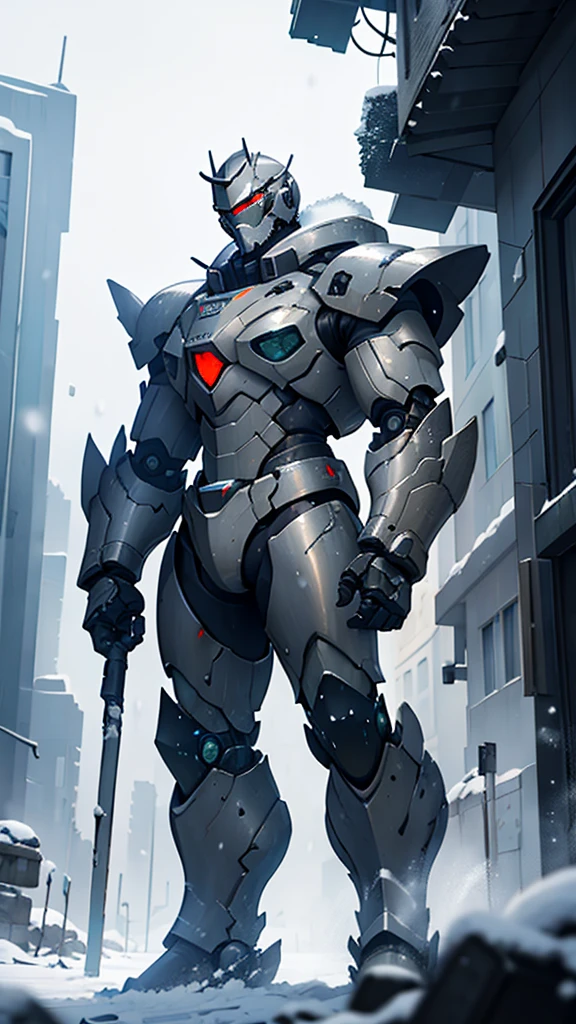 (((masterpiece))),16K,best quality,, 1 Boy, armor,  clasped hands, ,Male focus, , power armor, alone, Permanent,Snow falling all around，Doomsday，Gray mecha，urban ruins，Reinforced armor，Wearing a large mecha suit，Body weight of benzene