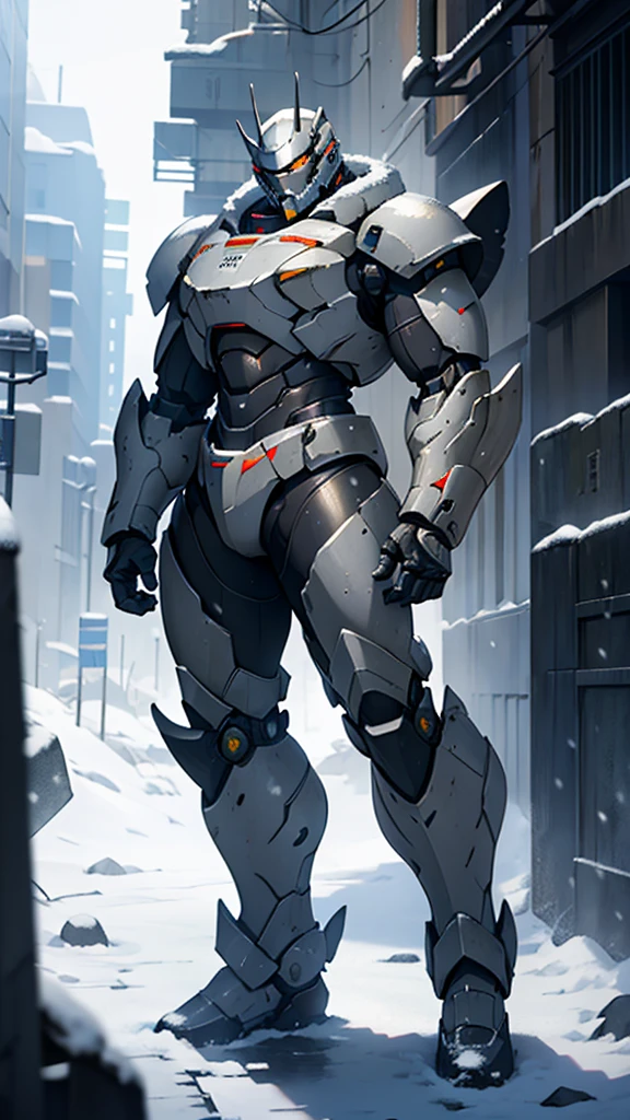 (((masterpiece))),16K,best quality,, 1 Boy, armor,  clasped hands, ,Male focus, , power armor, alone, Permanent,Snow falling all around，Doomsday，Gray mecha，urban ruins，Reinforced armor，Wearing a large mecha suit，Body weight of benzene