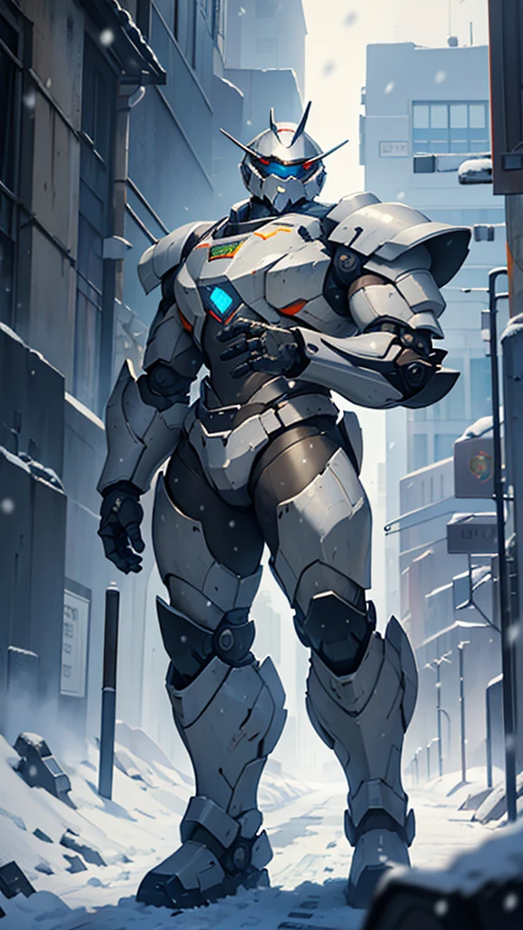 (((masterpiece))),16K,best quality,, 1 Boy, armor,  clasped hands, ,Male focus, , power armor, alone, Permanent,Snow falling all around，Doomsday，Gray mecha，urban ruins，Reinforced armor，Wearing a large mecha suit，Body weight of benzene