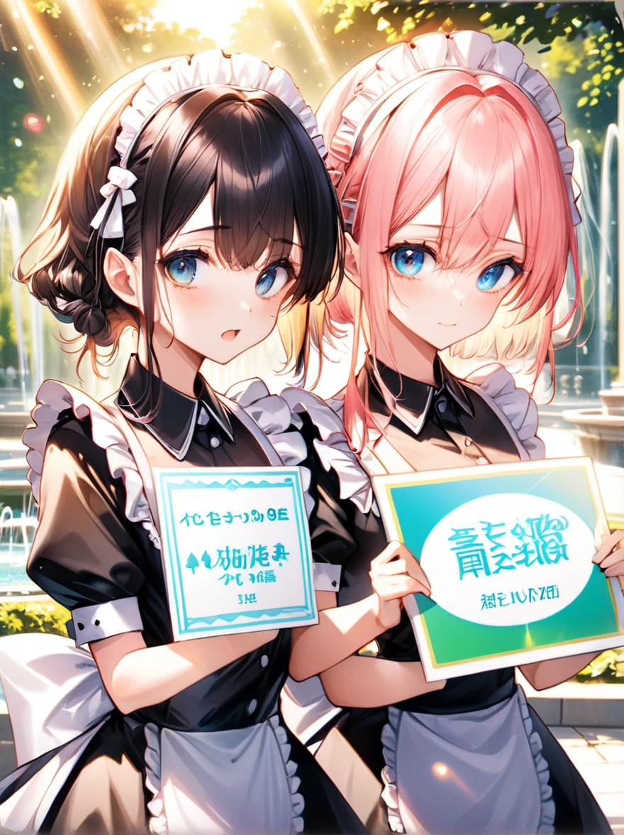 「$LINGO」Two beautiful maid girls holding a placard that reads:1.4), Park fountain, Fine and shiny eyes, Sunlight illumination, [anime]