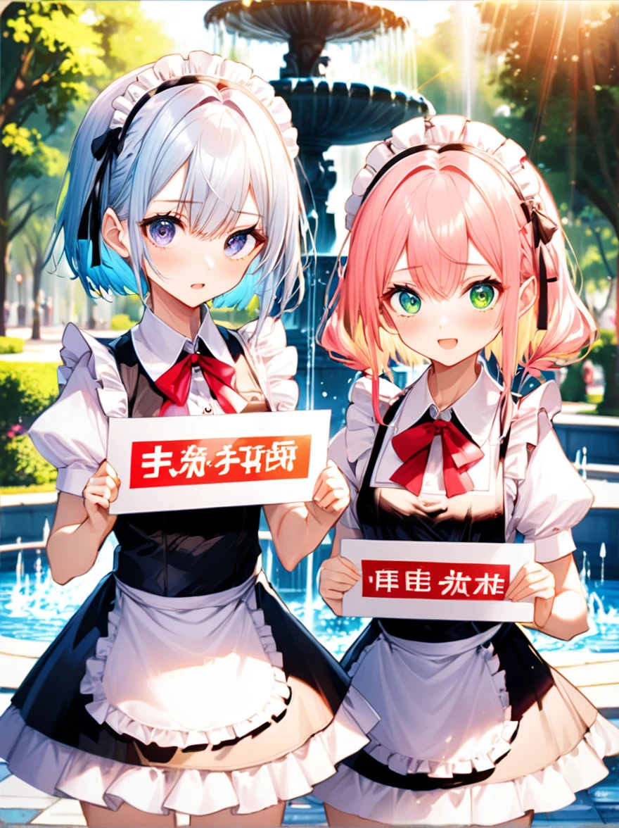 「$LINGO」Two beautiful maid girls holding a placard that reads:1.4), Park fountain, Fine and shiny eyes, Sunlight illumination, [anime]
