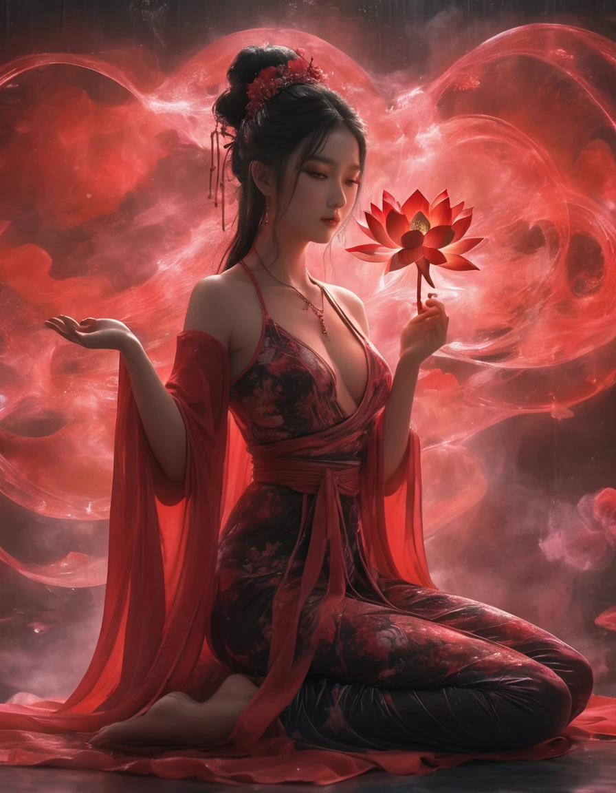 Full-body photo of a courtesan in lotus position,prayer、Anatomically correct,born, Cinematic shots, (Sharp focus:1.5), (Realistic:1.4), dusk lighting, Volumetric lighting, Ultra-high resolution, 16K,Dramatic lighting, Abstract background:1.5)(Tangleた,Datura stramonium,Holding a heart light in your hand、Tangle,Intertwined:0.7)witch,Red kimono, Foxfire spells, conversion, Depth of written boundary, A fantastic atmosphere, The most beautiful form of chaos, Elegance, Fauvist Design Dark Theme, flowers of death, flowers of ecstasy,Glowing Lines,Glow Example,Tracking example,flash, Backlight,translucent,Particles of light,hill,exit