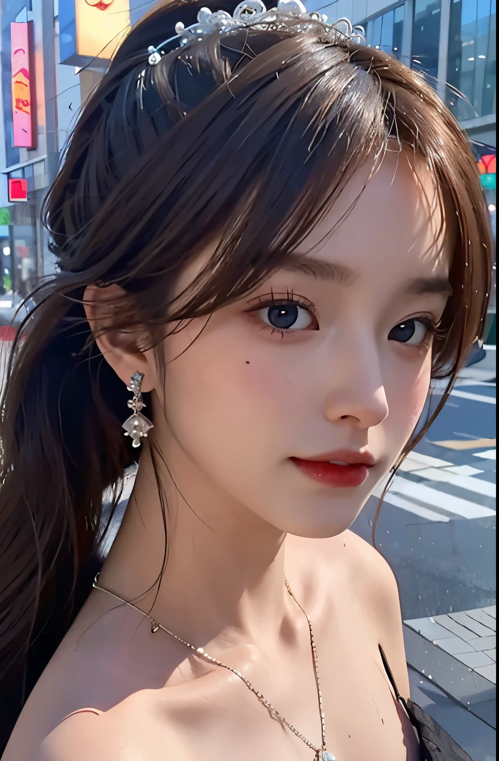 ((Adeline,Brunette color hair)), Random pose, (Very delicate and beautiful work), (masterpiece), Very detailed and elegant wedding dresses, headgear, Very detailed, The ponytail is crooked, A captivated look, Beautiful and clear eyes, Green pupil, Delicate necklace, Delicate earrings, Simple blur background, Very detailed説明, beautiful, Captivating big boobs, Udetailed painting, Delicate face, Exquisite body, Thin clavicle,Nice lips, The other side of softness, Mix 4,(8K, RAW Photos, Highest quality, masterpiece:1.2), (Realistically, Photo Real:1.2), One girl, Adorable, Overlooking the city, night, rain, moisture, Professional Lighting, Photon Mapping, Radio City, Physically Based Rendering, Esbian all over,huge