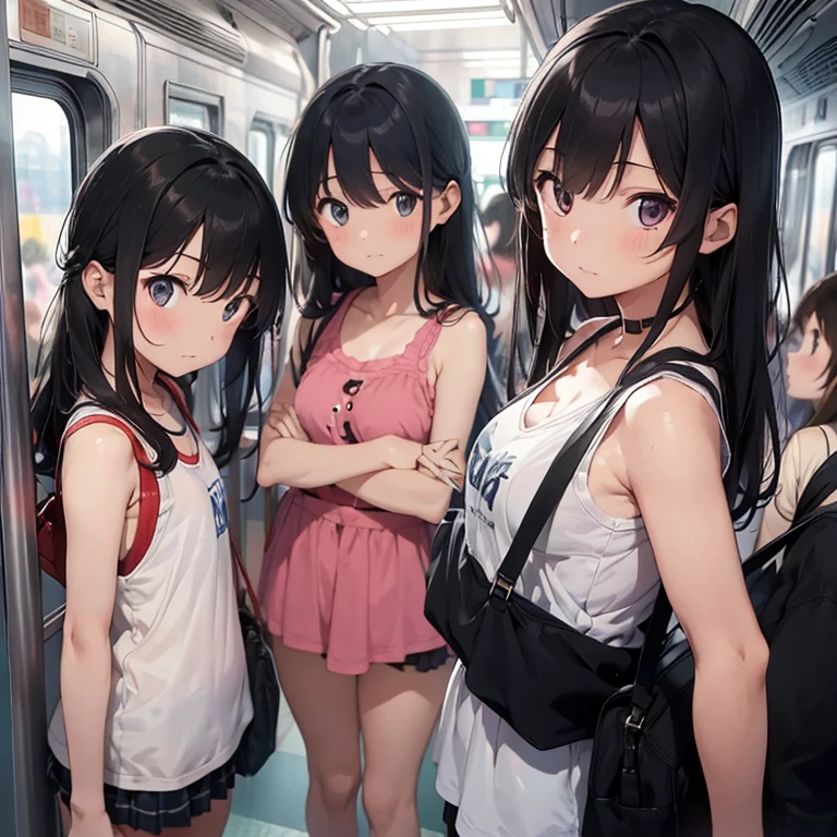 3Girls、、crowded train、buzzer、Tank top and lender、Detailed face、Detailed Hair、Clear skin、Looking at this、Whole body composition、Shot from below、Standing on the train、It's so crowded there's no space、It's so crowded that your face gets crushed.