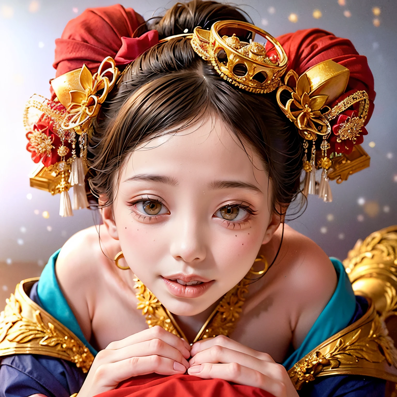 (PUNIPUNI clavicle KIMONO ((offshoulder)) KANZASHI FlowerHairpins Topknot TwinBun Oiran-Hair)High-level, 8K Masterpiece TopQuality, Ultra-detailed CG, Absurd detailed wallpaper, PerfectLighting, Extremely detailed (((Personifying " OIRAN " as a KAWAII Girl))), Characteristic Items, aesthetic LifeLike Rendering, MysticSight, Haze Tyndall Scattering, (Studio GRAY Background with (Oodles Dazzling Iridescent 🌈Particles (BokeH))), (((Assfocus)) RoundlyButt) ThighGap, (Exposed:0.44) 🔞 BREAK (Acutance:0.8), (NOGIZAKA FaceVariations) Extremely Detailed very KAWAII FaceVariations, Childish CaptivatingGaze ElaboratePupils ParfectEyes with (SparklingHighlights:1.28), (Voluminous LongEyelashes:0.88), 💄💋✨ GlossyRedLips with BeautifulDetails, CoquettishTongue, PUNIPUNI RosyCheeks, Radiant PearlSkin with Transparency, Glowing DowneyHair . { (Dynamic LifeLike expressions:1.4) | (:d) }, (large eyes:-1) .