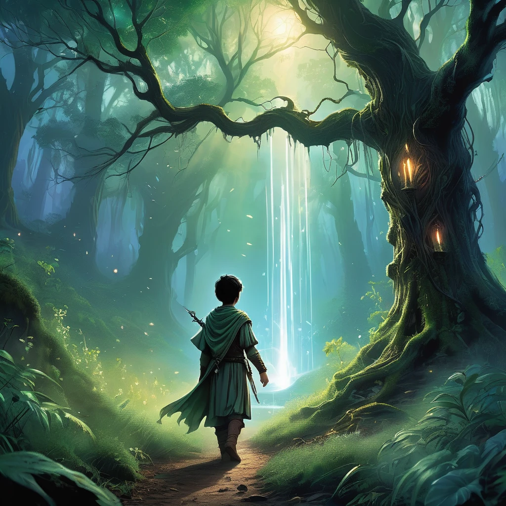 As the first light of dawn filters through the ancient trees of the enchanted forest, a young boy with jet-black hair stands at its edge, his back to the viewer. Clad in a simple yet sturdy white and brown medieval farmer's outfit, he gazes into the depths of the forest, where mist swirls around gnarled roots and luminescent flora casts an ethereal glow.
With a determined stance, the boy steps forward, the hem of his tunic brushing against dew-kissed grass. Each step into the enchanted forest holds the promise of discovery and danger, as he seeks out the secrets hidden within its magical depths. What quest drives him into this mystical realm, and what wonders or perils await him beyond the veil of mist and magic?