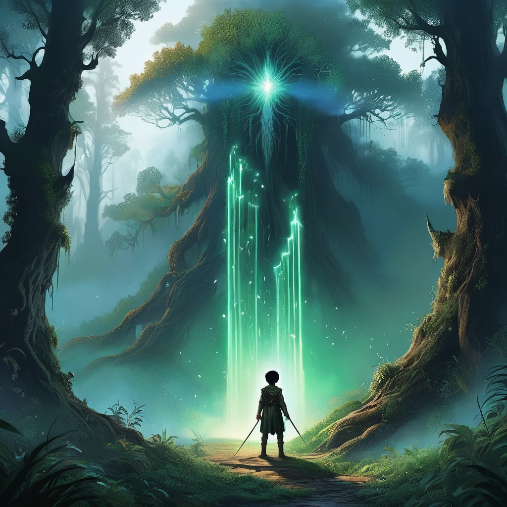 As the first light of dawn filters through the ancient trees of the enchanted forest, a young boy with jet-black hair stands at its edge, his back to the viewer. Clad in a simple yet sturdy white and brown medieval farmer's outfit, he gazes into the depths of the forest, where mist swirls around gnarled roots and luminescent flora casts an ethereal glow.
With a determined stance, the boy steps forward, the hem of his tunic brushing against dew-kissed grass. Each step into the enchanted forest holds the promise of discovery and danger, as he seeks out the secrets hidden within its magical depths. What quest drives him into this mystical realm, and what wonders or perils await him beyond the veil of mist and magic?