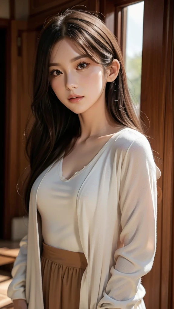 1girl, solo, small breasts, bashful, sheer jacket, casual dress, thighhigh, (best quality,4k,8k,highres,masterpiece:1.2),ultra-detailed,(realistic,photorealistic,photo-realistic:1.37),intricate details, delicate features, beautiful detailed eyes, beautiful detailed lips, extremely detailed face, long eyelashes, serene expression, flowing hair, natural lighting, warm color palette, soft focus, digital painting, cinematic composition