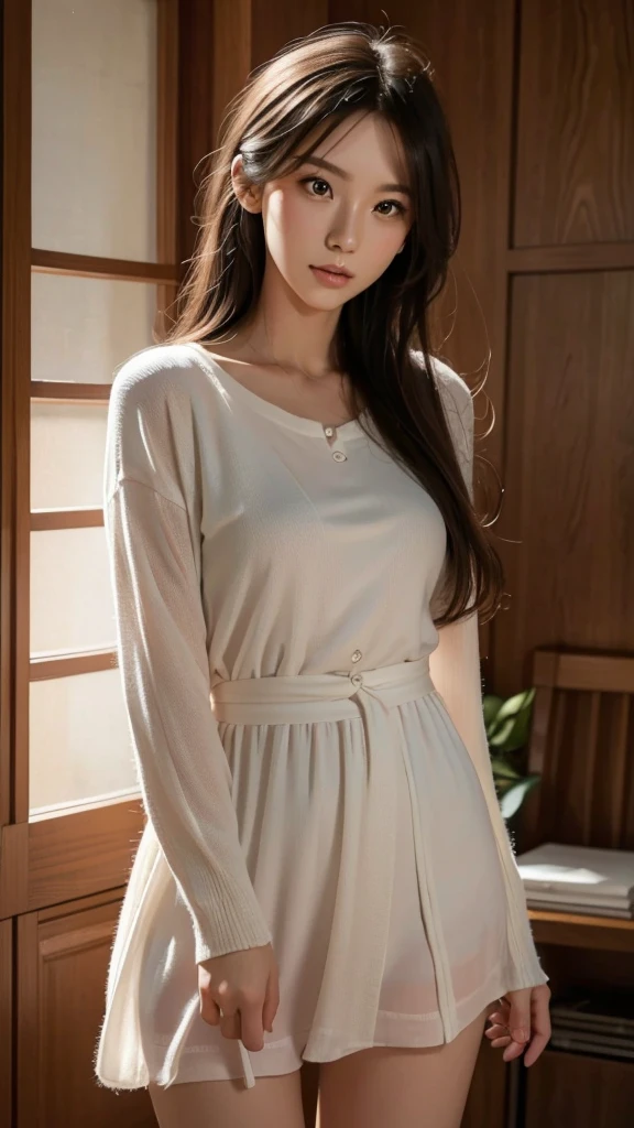 1girl, solo, small breasts, bashful, sheer jacket, casual dress, thighhigh, (best quality,4k,8k,highres,masterpiece:1.2),ultra-detailed,(realistic,photorealistic,photo-realistic:1.37),intricate details, delicate features, beautiful detailed eyes, beautiful detailed lips, extremely detailed face, long eyelashes, serene expression, flowing hair, natural lighting, warm color palette, soft focus, digital painting, cinematic composition