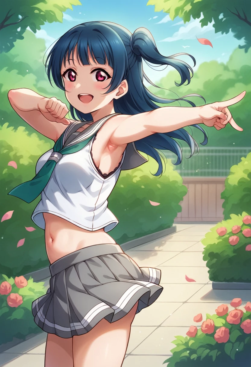 Yoshiko Tsushima love live,serafuku, gray mini skirt, slightly from side, armpits,wind  ,navel, breasts, smile , standing, sleeveless , looking at viewer,garden,one side up,arms down, pointing to views , cute ، skirt clinging to pussy 