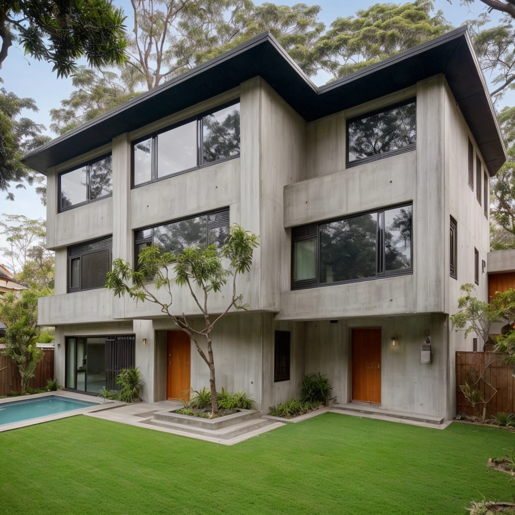 MODERN HOUSE is located on the upper hill, concrete, glass windows, curtain wall, wood ceiling, ((small swimming pool under the house)), ((big front yard)), outside stairs