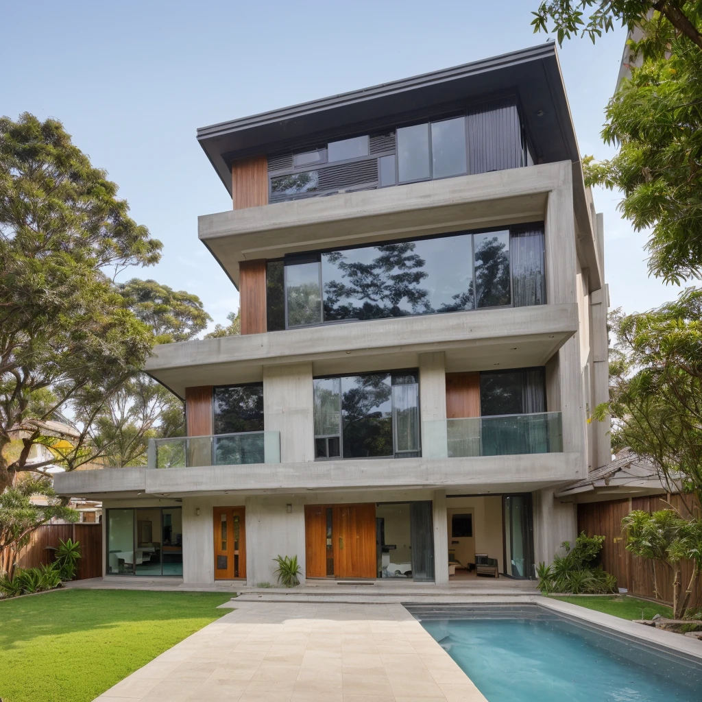 MODERN HOUSE is located on the upper hill, concrete, glass windows, curtain wall, wood ceiling, ((small swimming pool under the house)), ((big front yard)), outside stairs