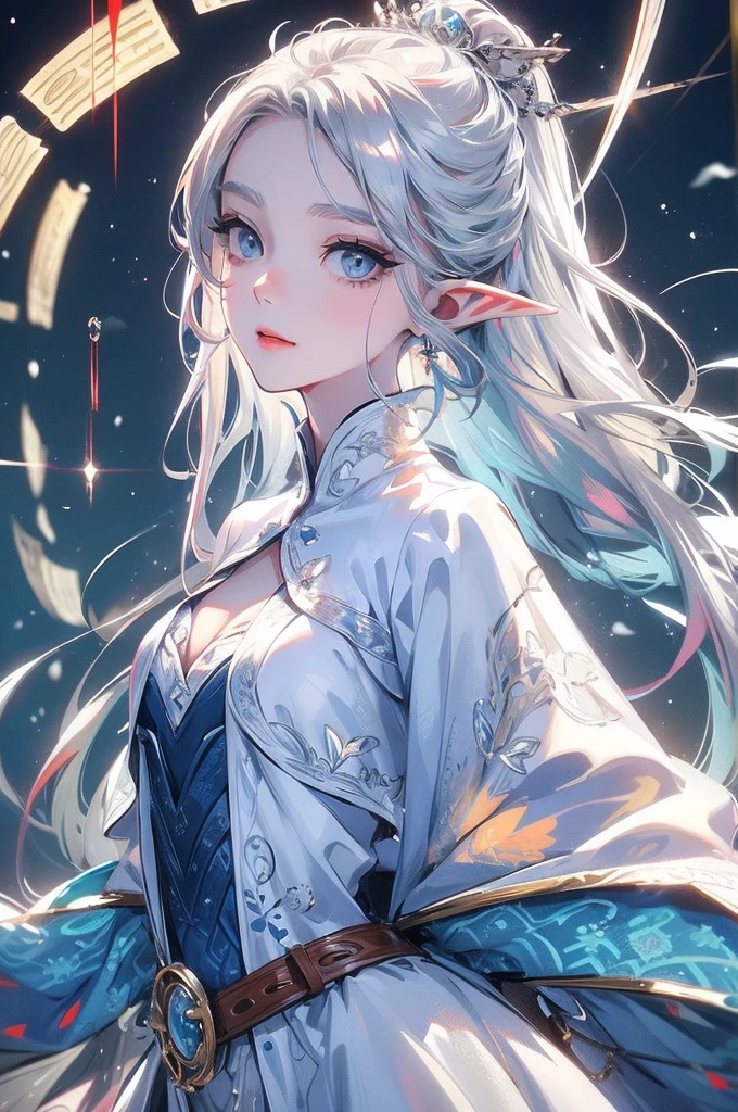 ((Highest quality)), ((masterpiece)), (detailed), One girl, The background is the sea、The weather was sunny.、Silver hair straight long hair、Parallel thin eyebrows、Double droopy eyes、Thin lips、Small nose、Blue Eyes、Long eyelashes、Delicate appearance、Illustration seen from the front、The facial expression is a closed-mouth smile.、A white dress with little exposure、Elf、Russian descent、