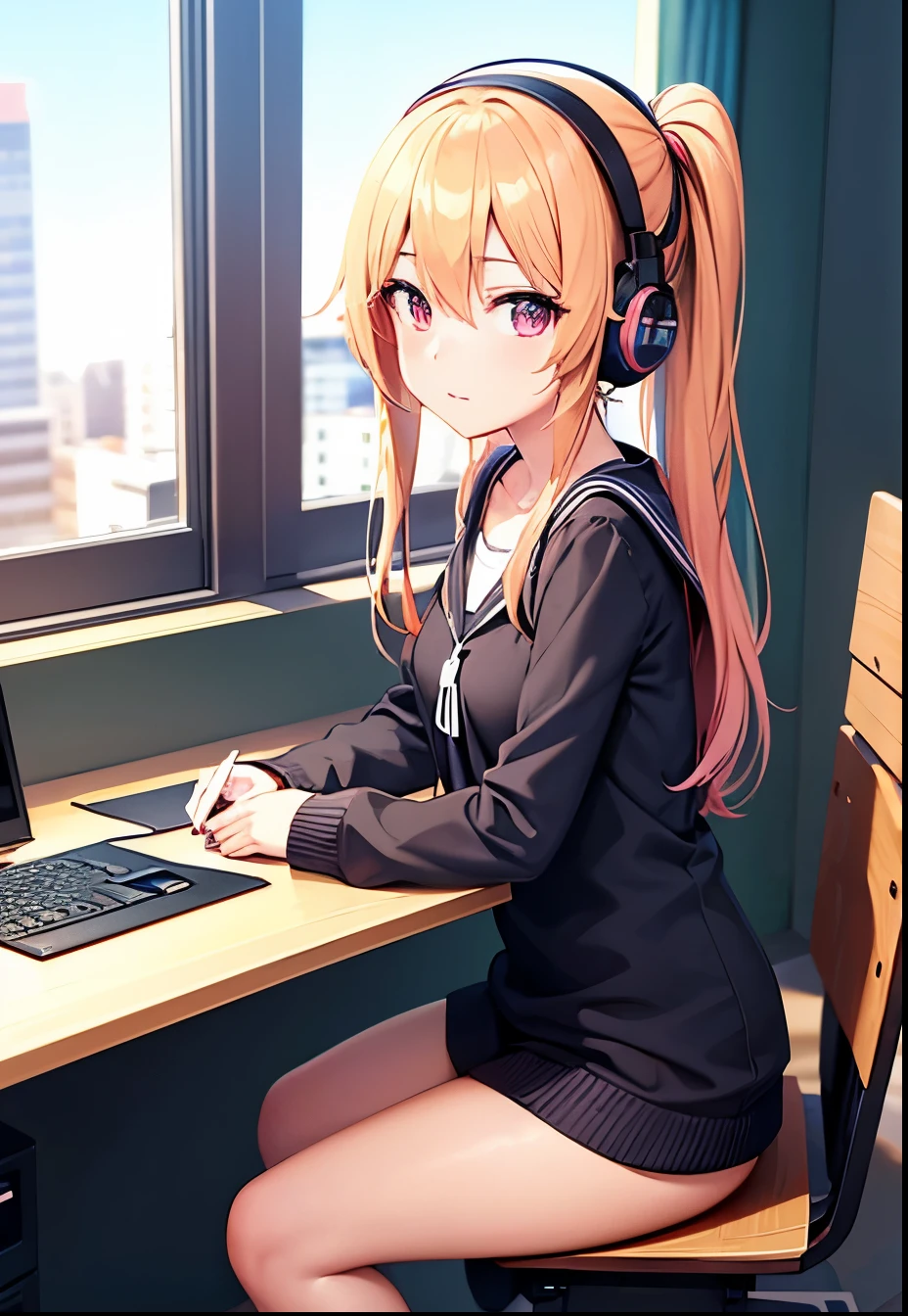 Anime girl sitting at a desk with headphones on and writing, Anime Style 4 k, Digital anime illustration, Digital anime art, Anime Style. 8K, Anime Moe Art Style, anime art wallpaper 4k, anime art wallpaper 4k, Anime Style illustration, Smooth anime CG art, detailed Digital anime art, アニメアート壁紙 8K, Realistic Anime 3D Style