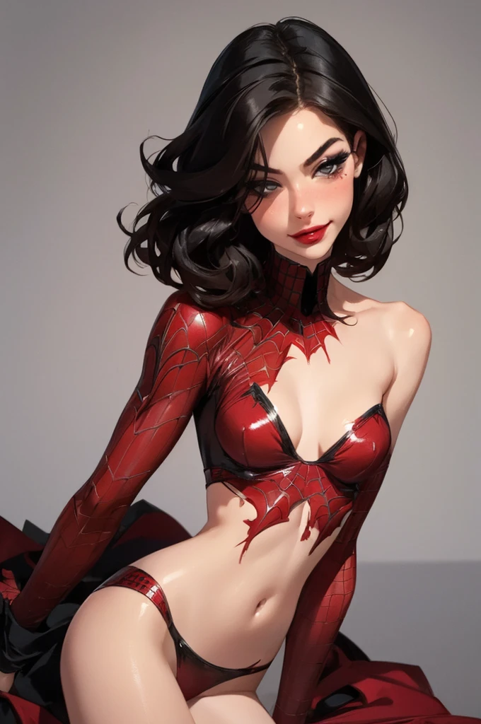1girl,a beautiful fashion model ,(masterpiece, detailed background, best quality),short and shiny hair, black hair,smirk, juicy lips, red lips, lingerie, stripping, elegant makeup, exhibitionism, torn spiderman outfit, extravagant makeup, slender body