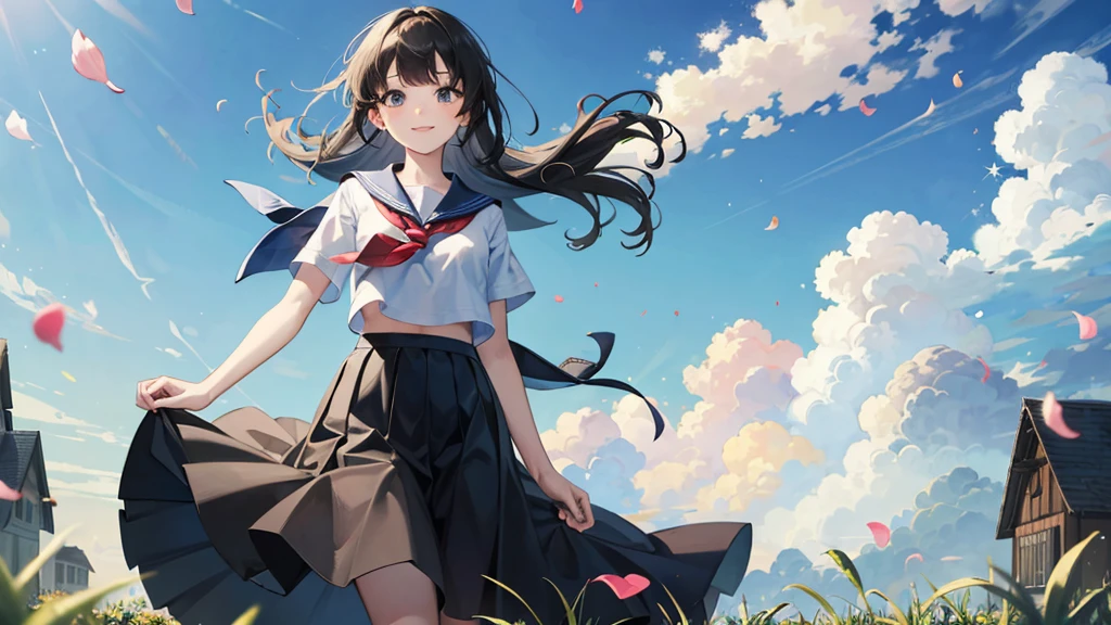 (masterpiece),  town,  blue sky,  One Girl,  smile,  alone,  Sailor suit、Long skirt,  Overgrown,  petal,  plant、Skirt lining、Translucent slip、Nostalgic、Strong winds、Skirt fluttering in the wind