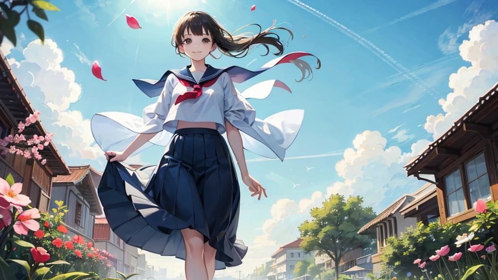 (masterpiece),  town,  blue sky,  One Girl,  smile,  alone,  Sailor suit、Long skirt,  Overgrown,  petal,  plant、Skirt lining、Translucent slip、Nostalgic、Strong winds、Skirt fluttering in the wind