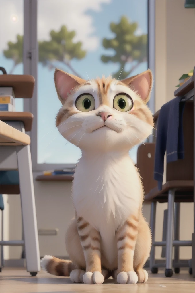 Chat roux qui pleure et dautre chat blanc rigole en le regardant le chat roux dans une classe d’école en plan eloigne