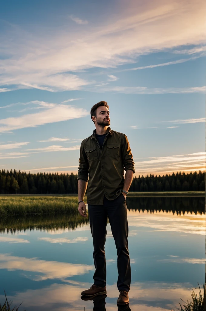 Create an image of Tom standing and looking at the sky, reflecting on his life with a sincere expression. The background should be a blend of both the bar and a peaceful natural setting, symbolizing his journey and true nature.