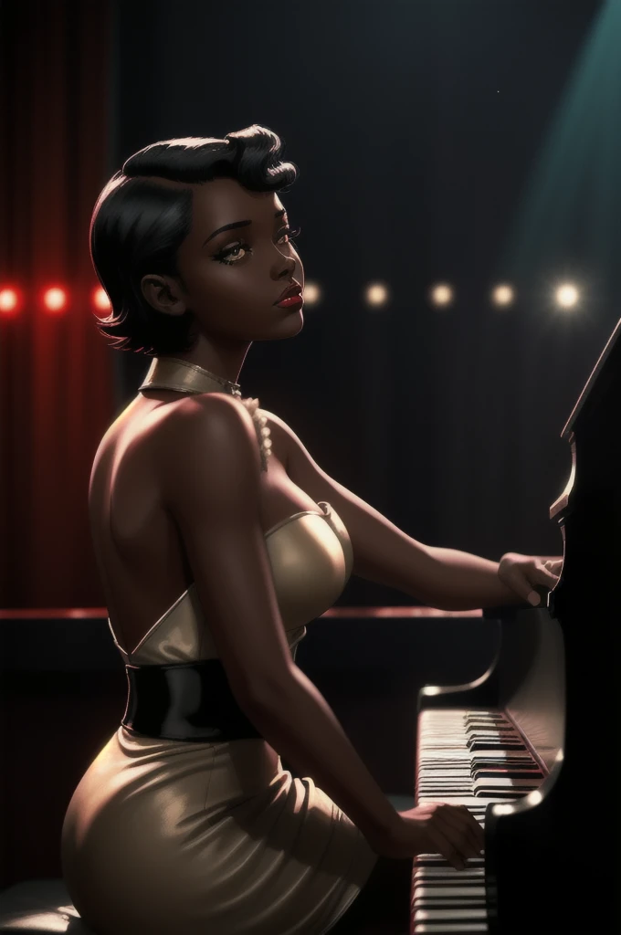 
 ( "Blazens_girl_Roxanne",Dark skin female, )Female playing  piano, on stage at a night club . [ scene 1940s], [cinematic warm lighting ],[vintage clothing], [short hair style],cinematic vintage Hollywood film style
