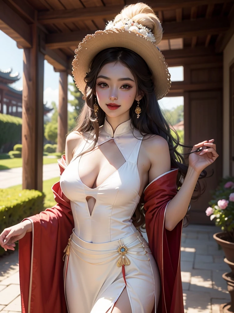 1 beautiful girl, 22 years old,big eyes,Brown long wavy hair,Full breasts,Gorgeous period costume,Sexy,Gorgeous headdress,Exquisite makeup,Long legs,High slit skirt,Sweet smile,Standing in a garden full of flowers,Classical Chinese architecture,Realistic style,Level Lighting and Shadow Rendering