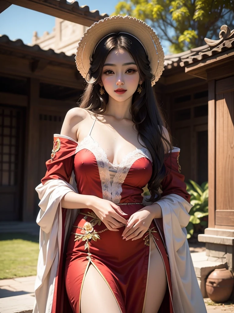 1 beautiful girl， 22 years old，big eyes，Brown long wavy hair，Full breasts，Gorgeous period costume，Sexy，Gorgeous headdress，Exquisite makeup，Long legs，High slit skirt，Sweet smile，Standing in a garden full of flowers，Classical Chinese architecture，Realistic style，Level Lighting and Shadow Rendering