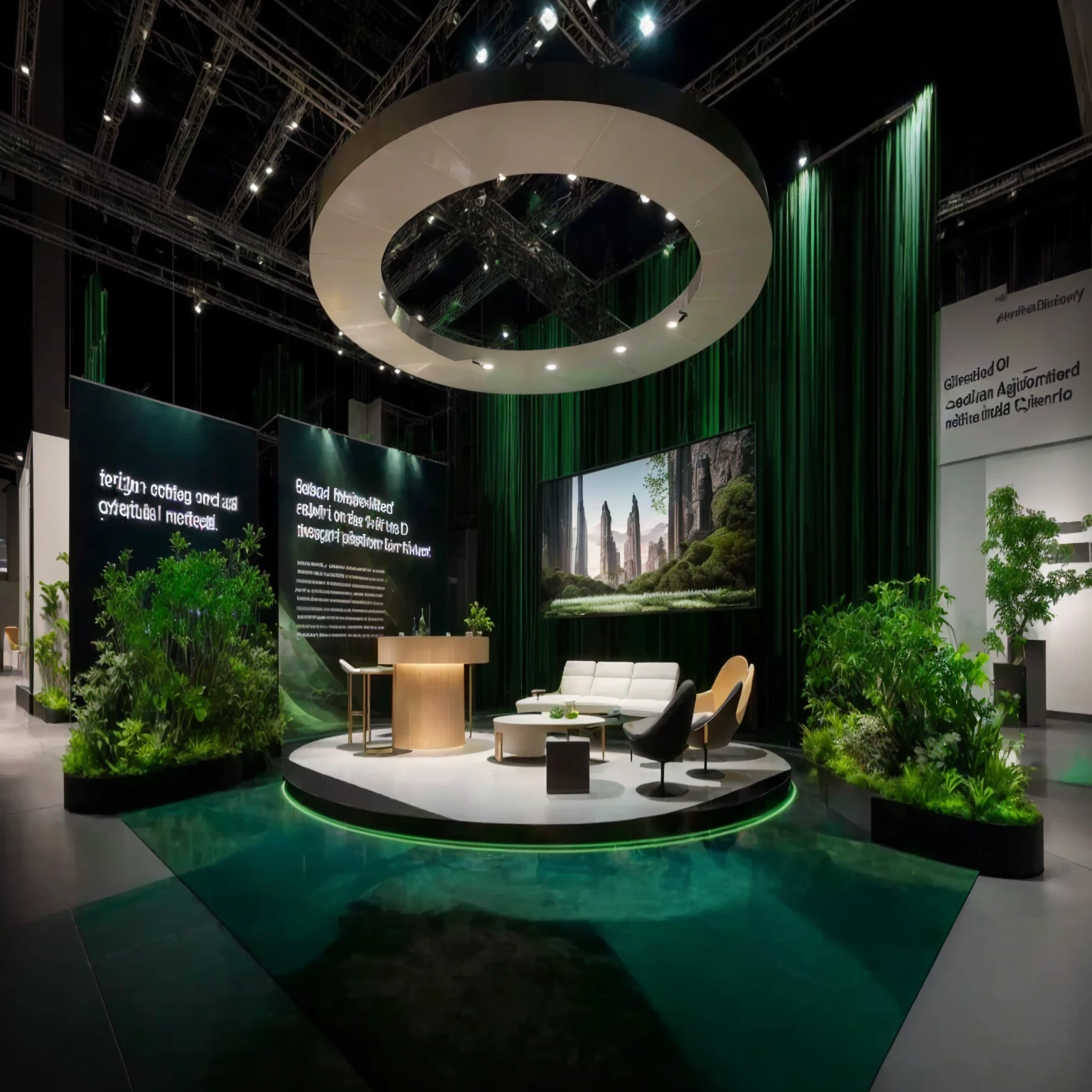 arafed display of a green room with a circular table and chairs, biophilia mood, green and warm theme, green architecture, photo from 2022, virtual set, set design, backside of scenography elements, bio-inspired design, most respected design, backdrop, technology and nature in harmony, sharp focus on scenery, dramatic green lighting