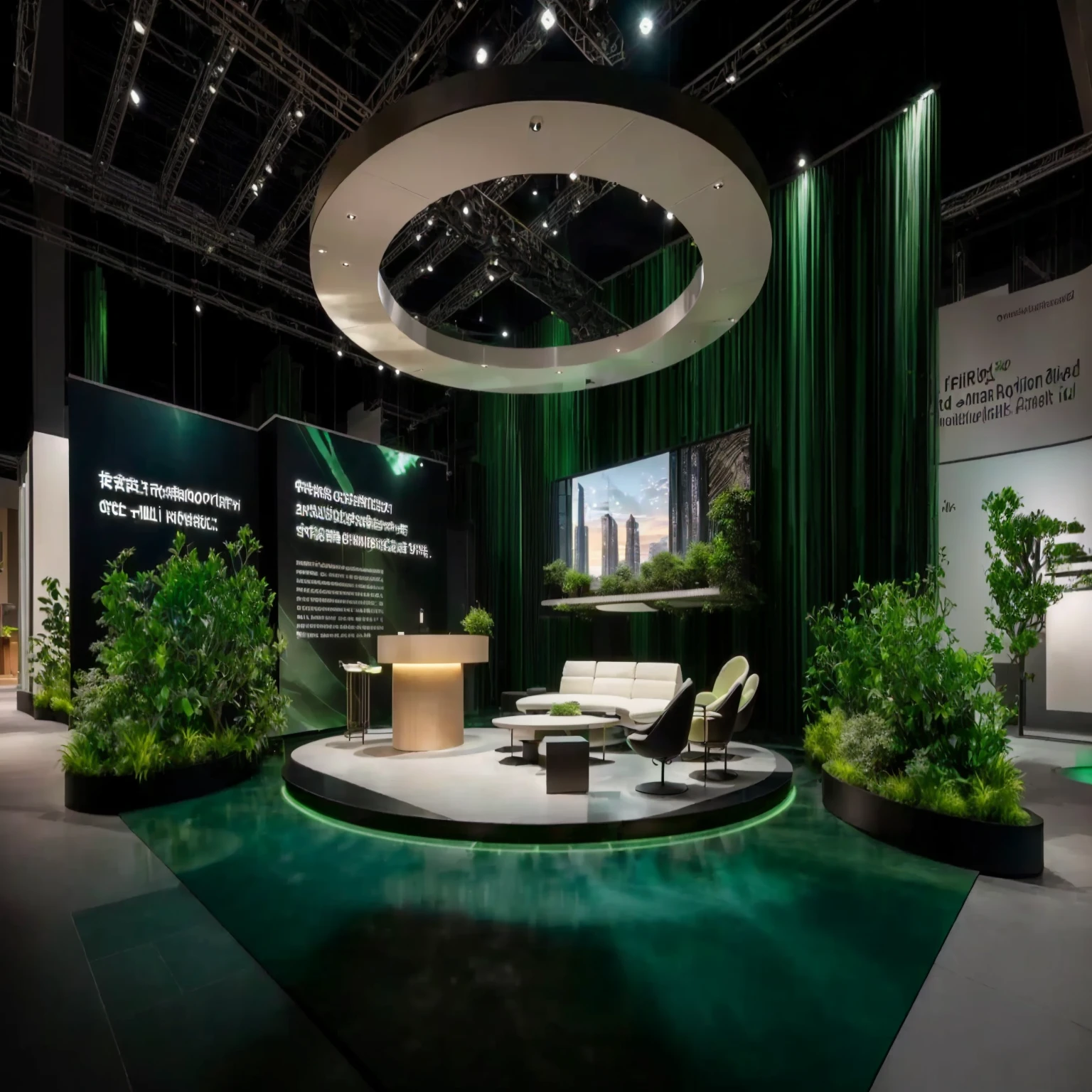 arafed display of a green room with a circular table and chairs, biophilia mood, green and warm theme, green architecture, photo from 2022, virtual set, set design, backside of scenography elements, bio-inspired design, most respected design, backdrop, technology and nature in harmony, sharp focus on scenery, dramatic green lighting