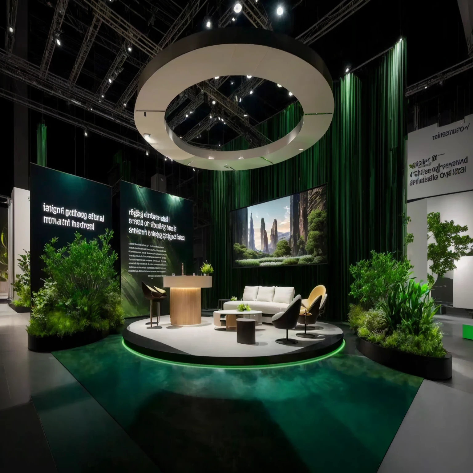 arafed display of a green room with a circular table and chairs, biophilia mood, green and warm theme, green architecture, photo from 2022, virtual set, set design, backside of scenography elements, bio-inspired design, most respected design, backdrop, technology and nature in harmony, sharp focus on scenery, dramatic green lighting