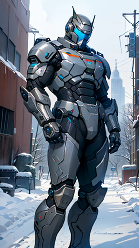 (((masterpiece))),16K,best quality,, 1 Boy, armor,  clasped hands, ,Male focus, , power armor, alone, Permanent,Snow falling all around，Doomsday，Gray mecha，urban ruins，Reinforced armor，Wearing a large mecha suit，Body weight of benzene