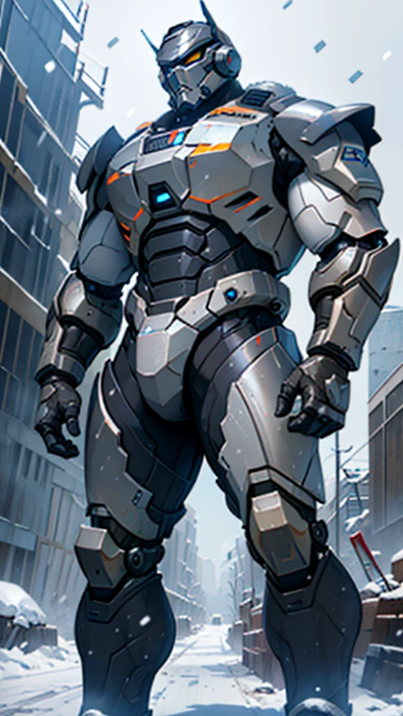 (((masterpiece))),16K,best quality,, 1 Boy, armor,  clasped hands, ,Male focus, , power armor, alone, Permanent,Snow falling all around，Doomsday，Gray mecha，urban ruins，Reinforced armor，Wearing a large mecha suit，Body weight of benzene