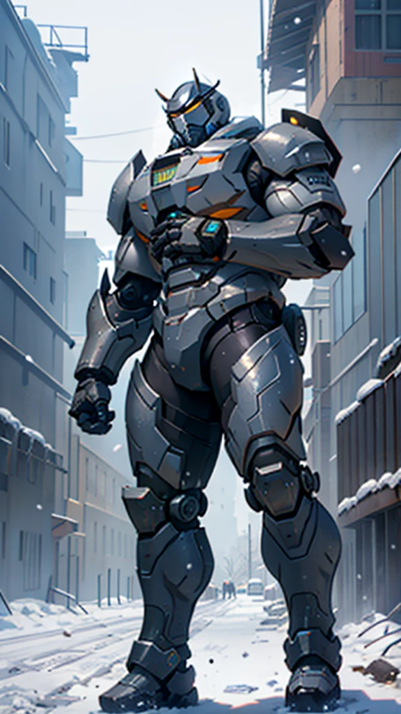 (((masterpiece))),16K,best quality,, 1 Boy, armor,  clasped hands, ,Male focus, , power armor, alone, Permanent,Snow falling all around，Doomsday，Gray mecha，urban ruins，Reinforced armor，Wearing a large mecha suit，Body weight of benzene